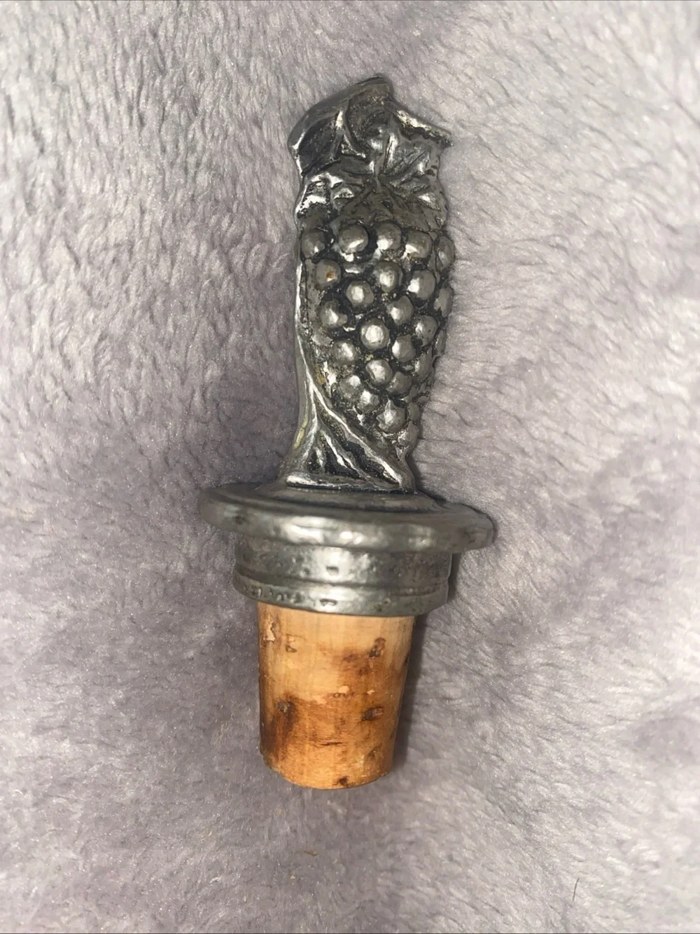 Vintage‎ Grapevine Wine Bottle Stopper Silver Tone Metal Cork Unmarked